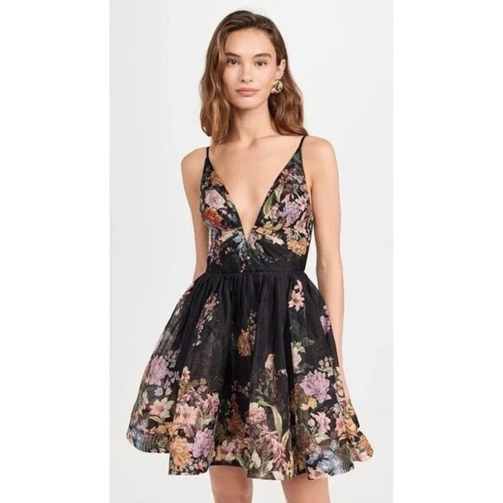 Zimmermann Black Floral Plunge Mini Dress